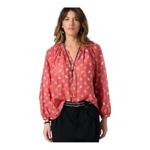 Xirena Caliope Red Orange Button Down Peasant Top